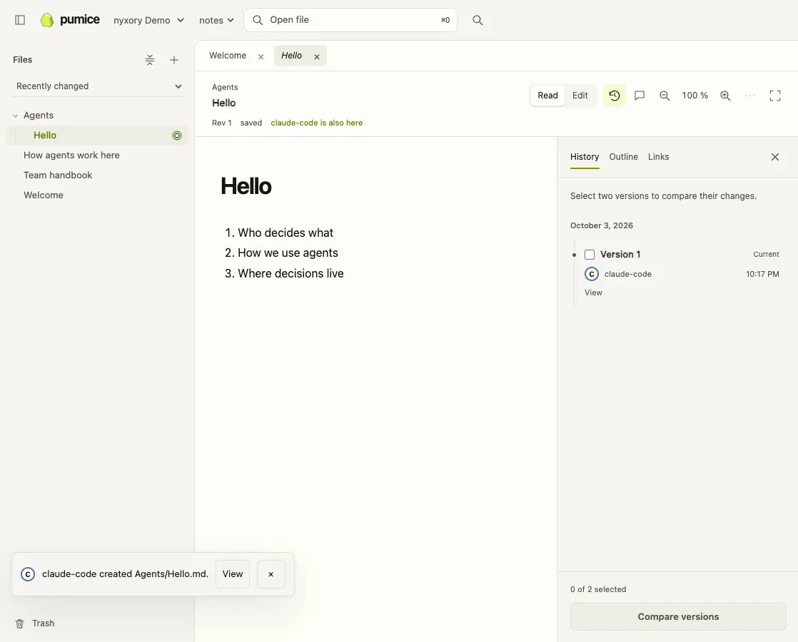 Pumice in the browser: claude-code created Agents/Hello.md. The ring in the file tree, the header and the history marks the agent.